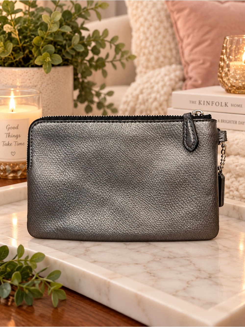 Coach Gunmetal Crossgrain Leather Corner Zip Wristlet EUC - Picture 2 of 4